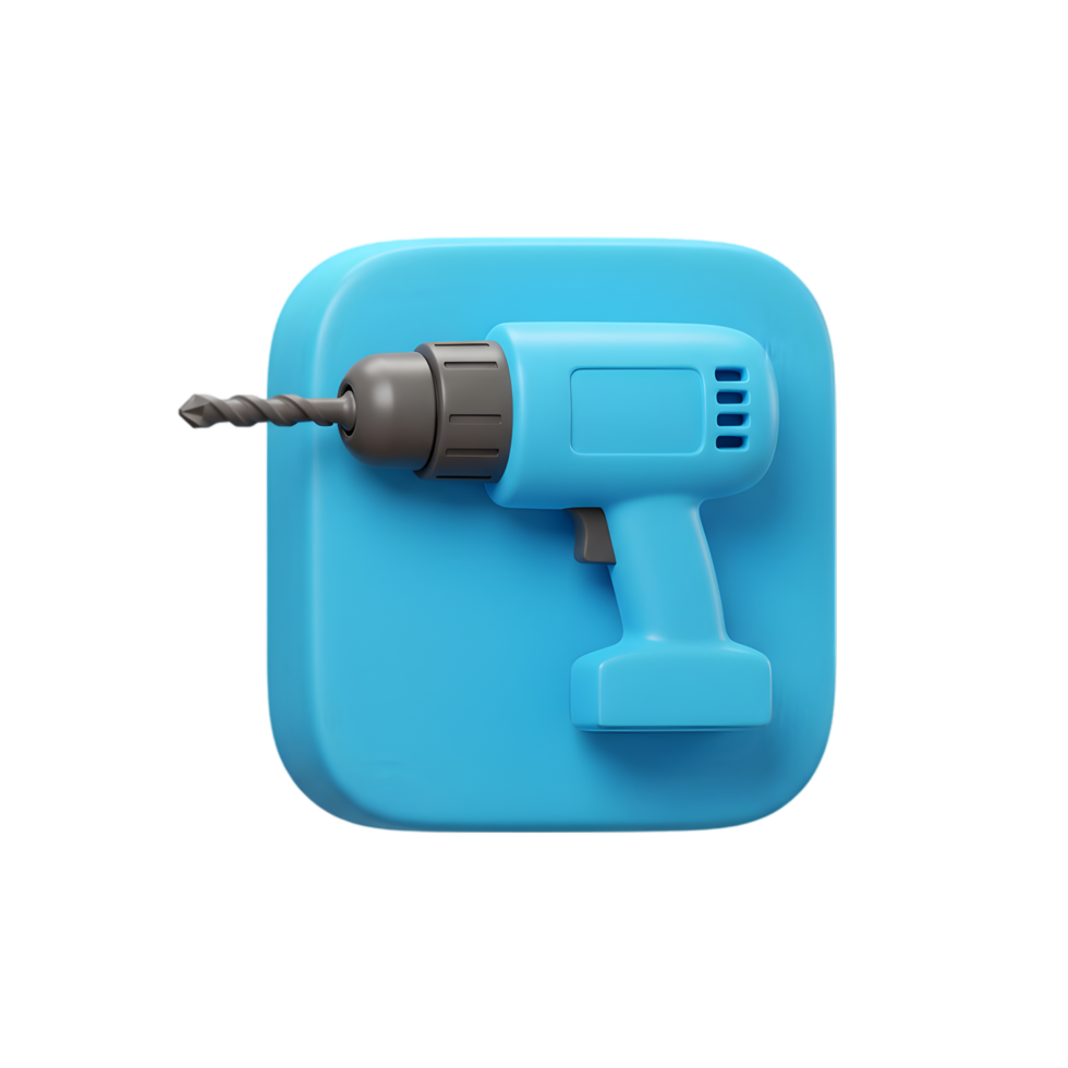 3D Render of a Blue Cordless Drill App Icon Design on a Square Button. Perfect for DIY or Construction Apps png