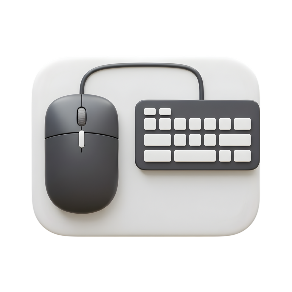Gray Computer Mouse and Keyboard on White Pad 3D Render Minimalist Design Technology Concept png