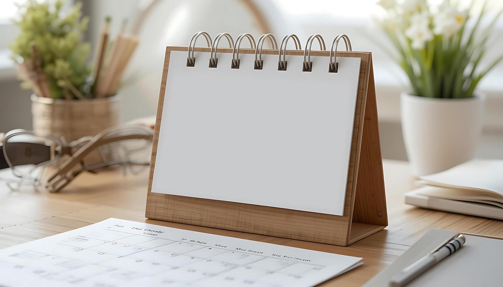 Desk calendar mockup blank on table. Blank paper desk spiral calendar. business planning and corporate design concept design photo