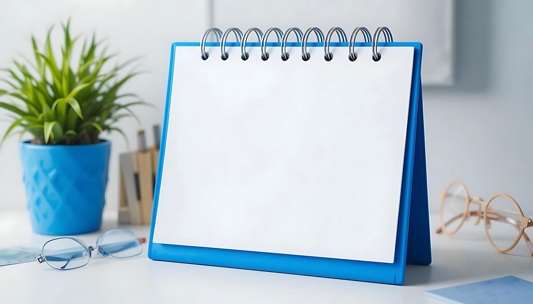 Desk calendar mockup blank on table. Blank paper desk spiral calendar. business planning and corporate design concept. blue calendar photo