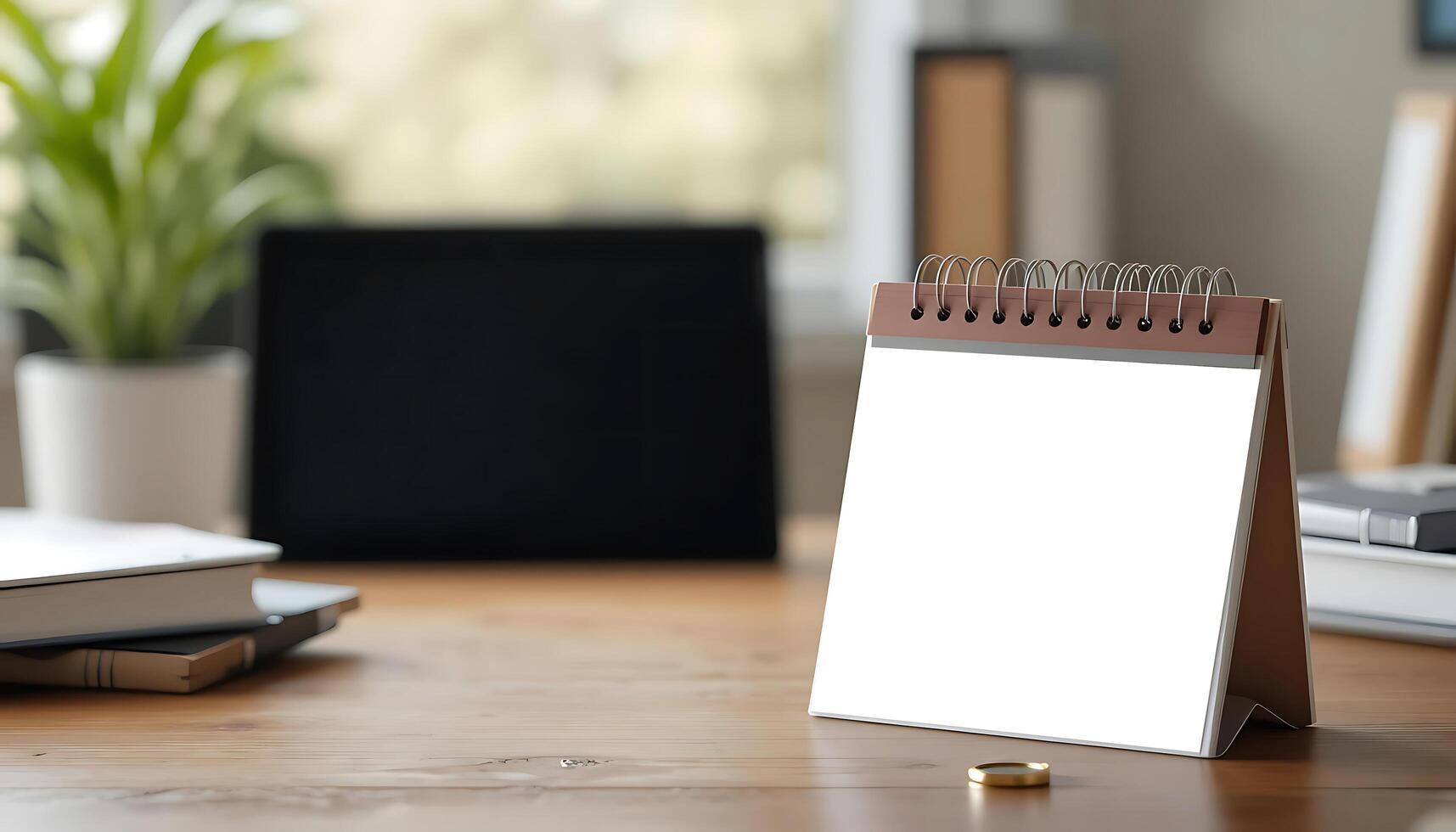 Desk calendar mockup blank on table. photo