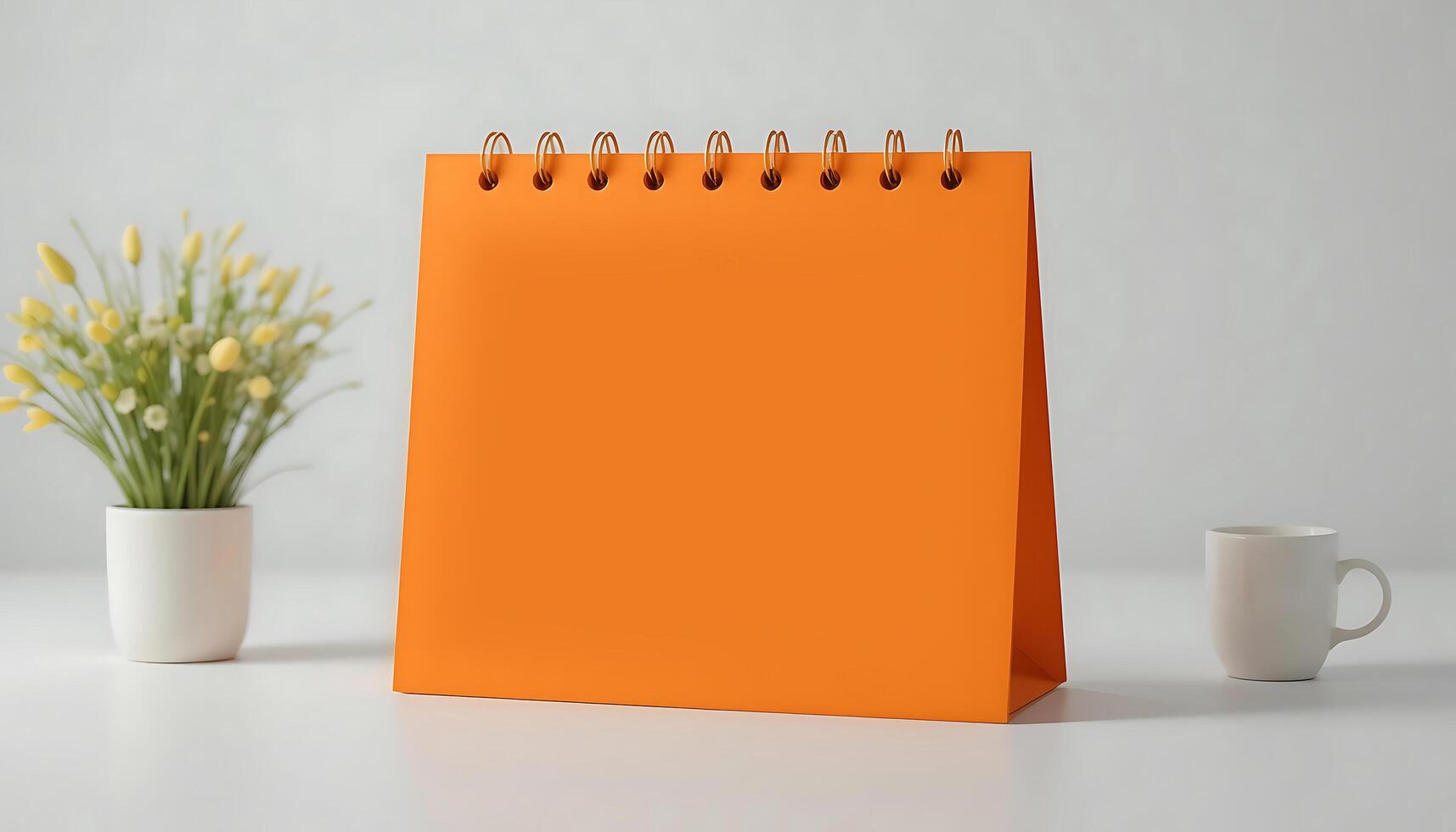 Desk calendar mockup blank on table. Blank paper desk spiral calendar. business planning and corporate design concept. orange calendar mockup blank. photo