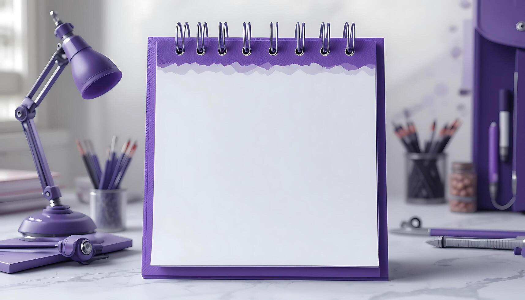 Desk calendar mockup blank on table. Blank paper desk spiral calendar. business planning and corporate design concept. purple calendar mockup blank. photo