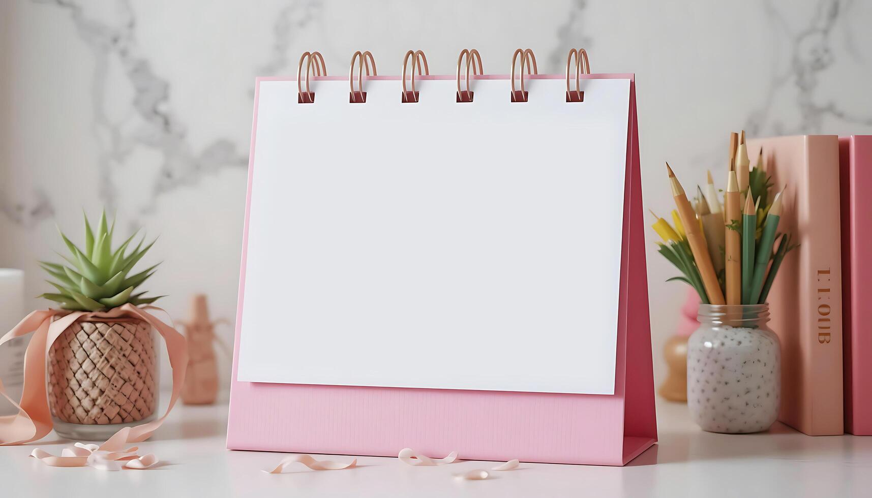 Desk calendar mockup blank on table. Blank paper desk spiral calendar. business planning and corporate design concept. pink calendar mockup photo