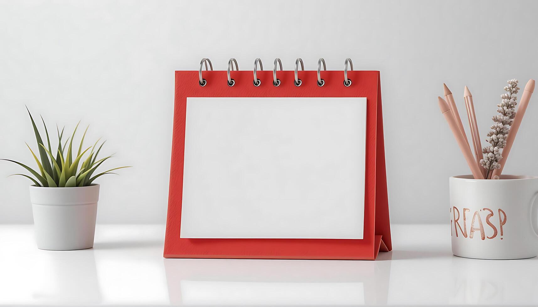 Desk calendar mockup blank on table. Blank paper desk spiral calendar. business planning and corporate design concept. red calendar mockup blank. photo