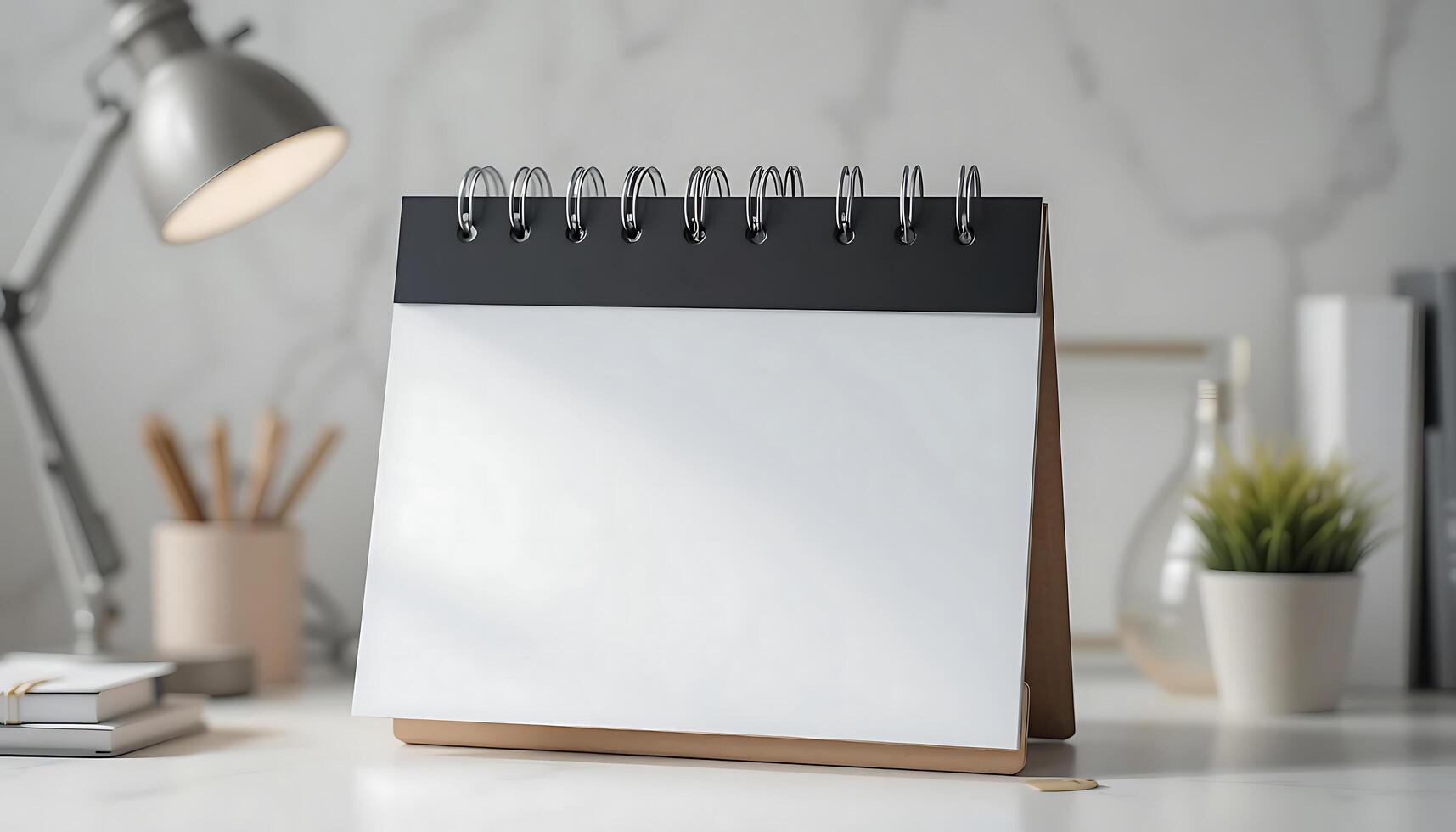 Desk calendar mockup blank on table. Blank paper desk spiral calendar. business planning and corporate design concept. white calendar mockup photo