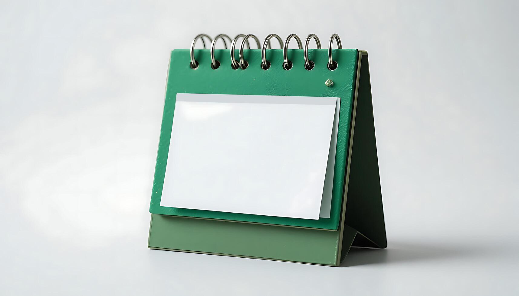 Desk calendar mockup blank on white background. Blank paper desk spiral calendar. business planning and corporate design concept. green calendar mockup blank. photo