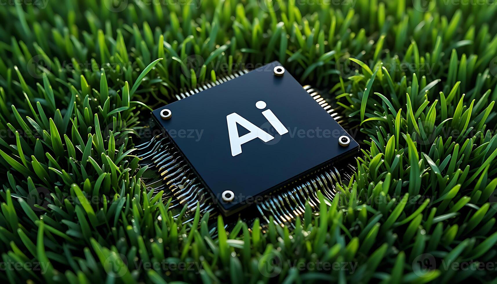 Black Ai chip on green grass background. cpu. AI Technology in Nature. AI Environment. artificial intelligence chip photo
