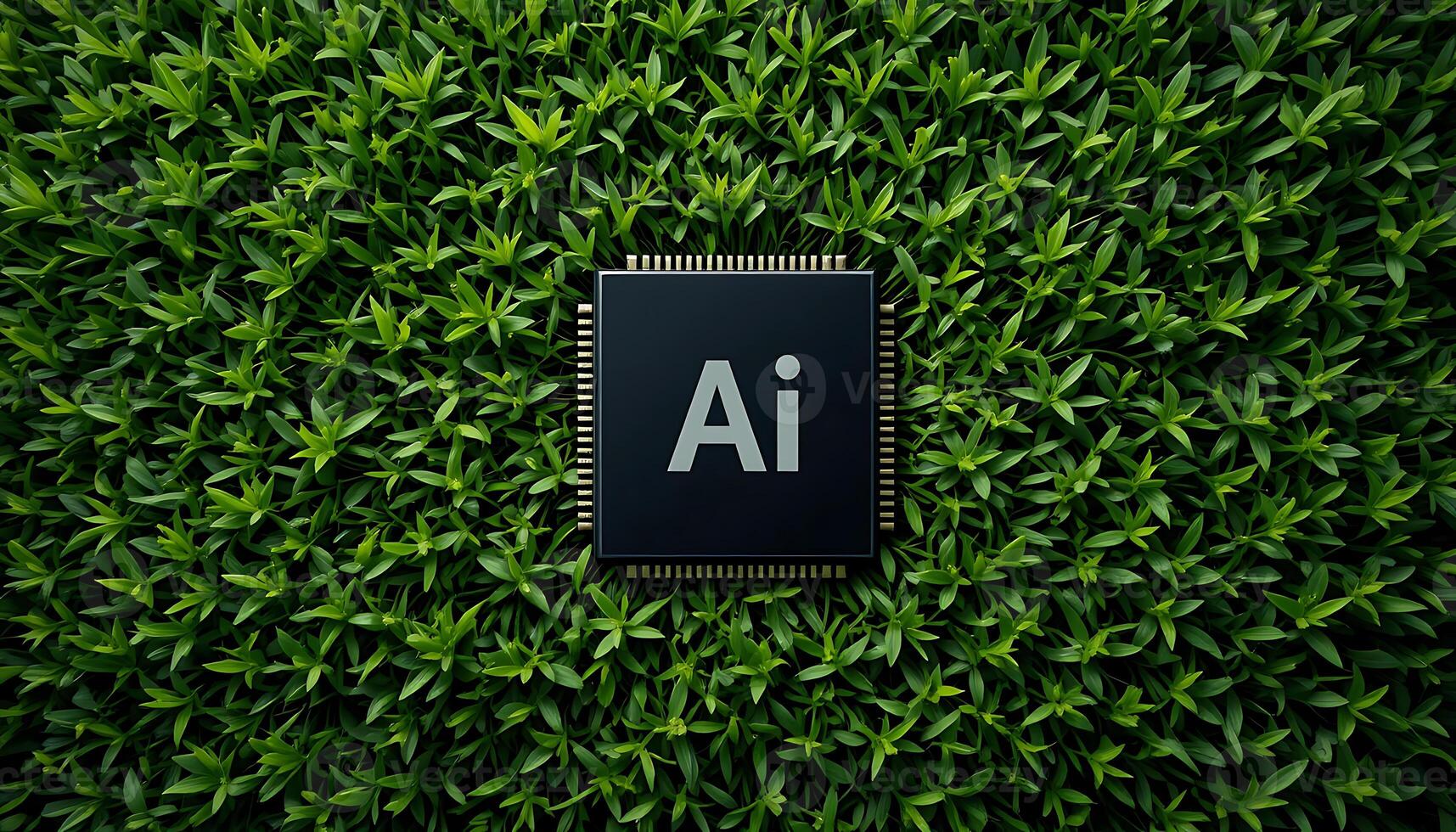 Black Ai chip on green grass background. cpu. AI Technology in Nature. AI Environment. artificial intelligence, Hardware, machine learning. advanced computing technology. digital innovation photo
