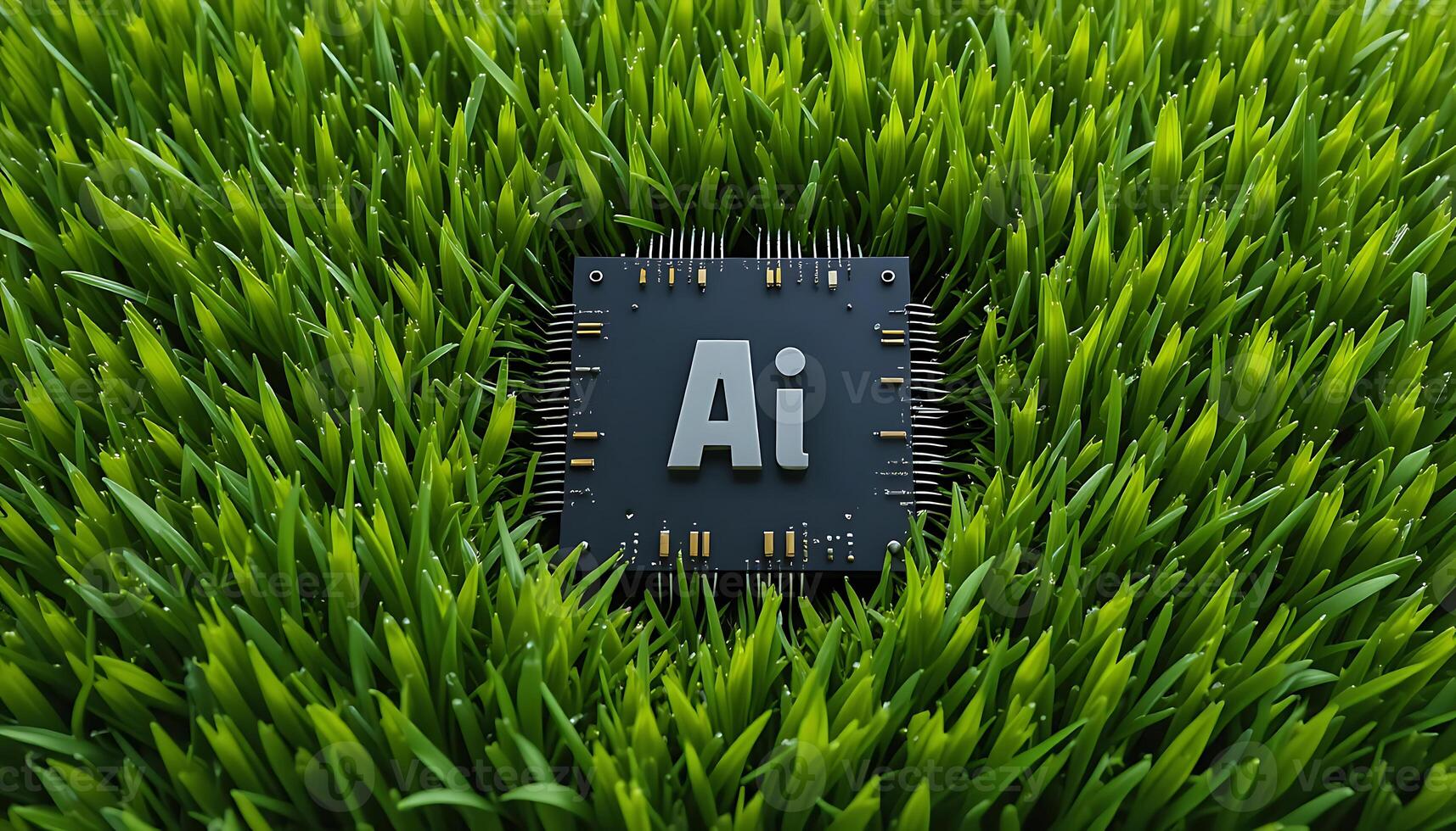 Black Ai chip on green grass background. cpu. photo