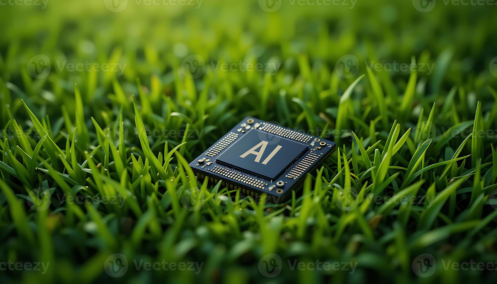 Black Ai chip on green grass background. cpu. AI Technology in Nature. AI chip Environment. artificial intelligence chip, Hardware, machine learning. advanced computing technology. photo