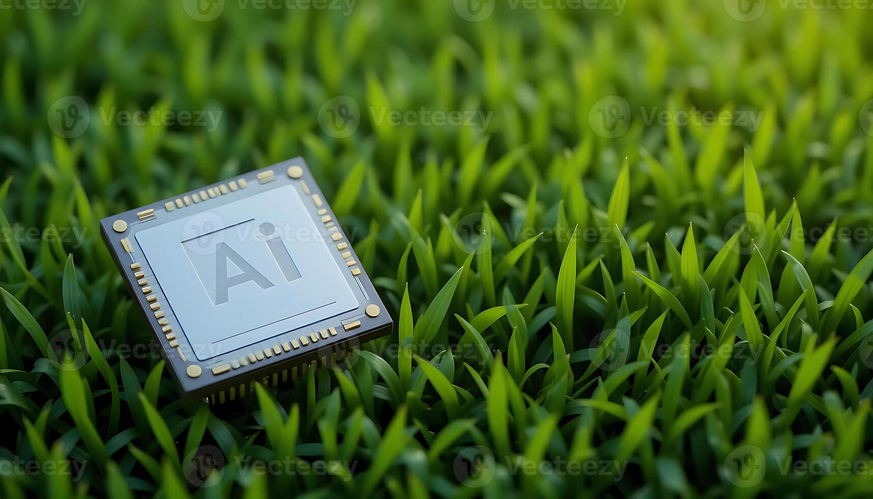 Black Ai chip on green grass background. cpu. AI Technology in Nature. AI Environment. photo