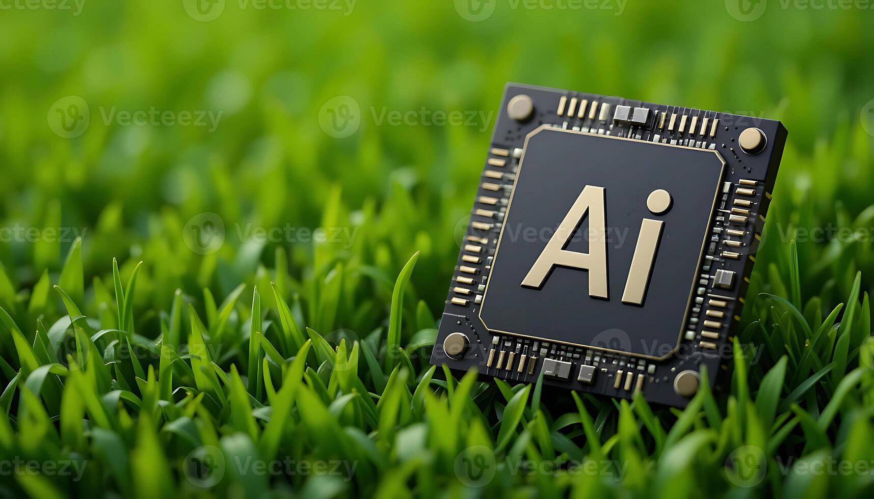 Black Ai chip on green grass background. cpu. AI Technology in Nature. AI Environment. artificial intelligence chip, Hardware photo