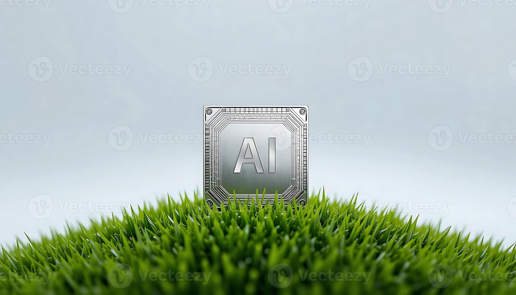 Silver Ai chip on green grass background. cpu. AI Technology in Nature. AI Environment. artificial intelligence chip, Hardware. advanced computing technology. digital innovation photo