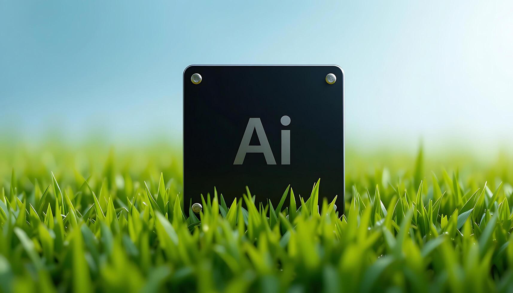 Black Ai chip on green grass background. cpu. AI Technology in Nature. photo
