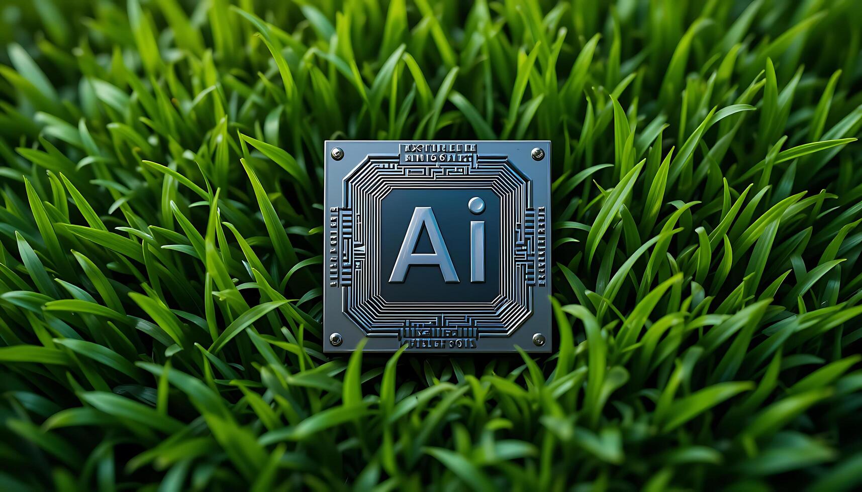 Silver Ai chip on green grass background. cpu. AI Technology in Nature. AI Environment. artificial intelligence chip, Hardware, machine learning. advanced computing technology. innovation photo