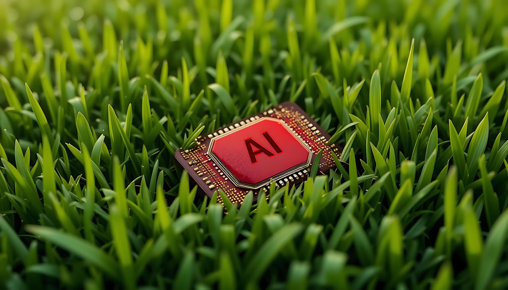 Red Ai chip on green grass background. cpu. AI Technology in Nature. AI Environment. artificial intelligence chip, Hardware, machine learning. advanced computing technology. digital innovation photo