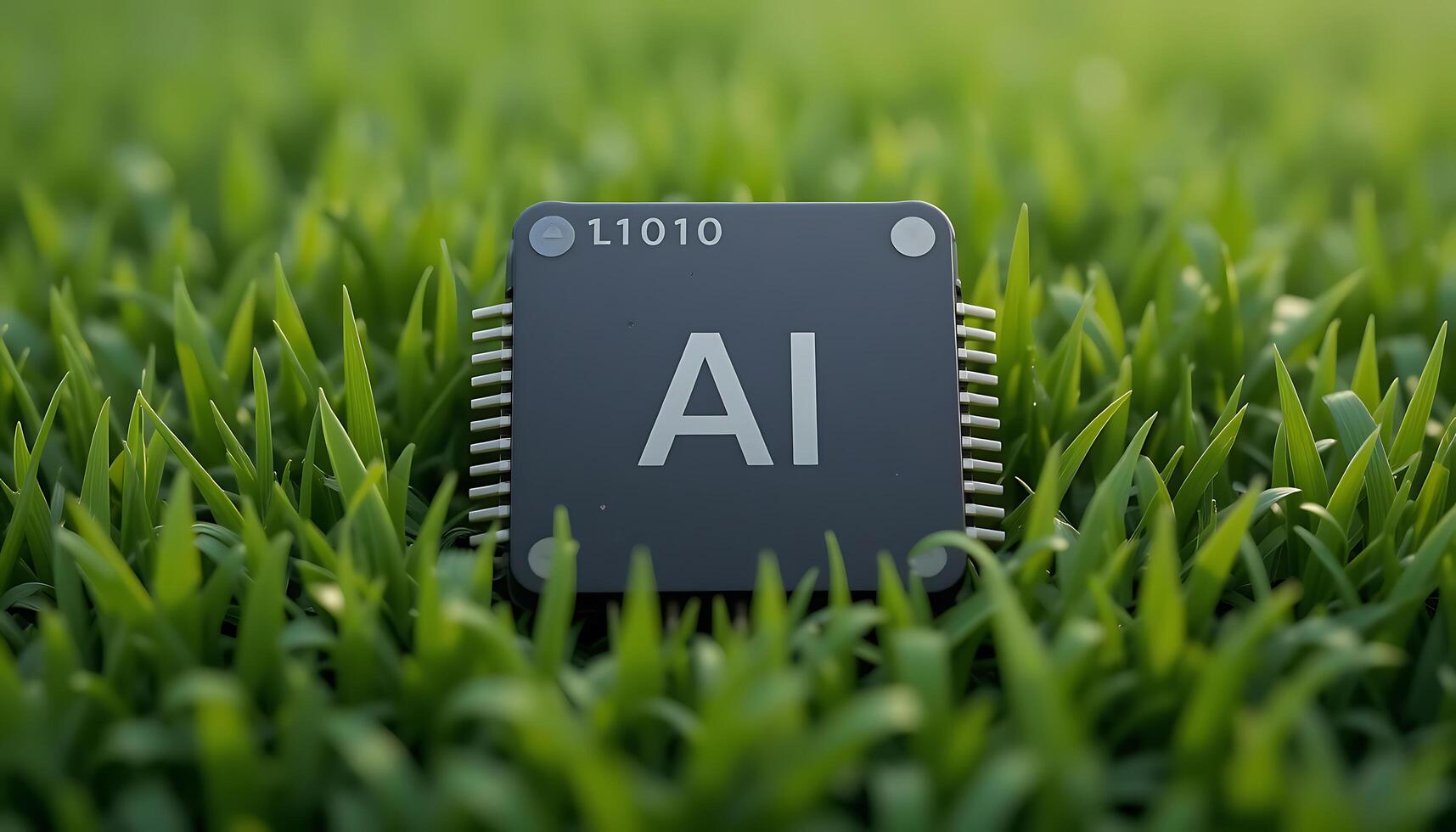 Black Ai chip on green grass background. cpu. AI Technology in Nature. AI Environment. artificial intelligence chip, Hardware, machine learning. advanced computing technology. innovation photo