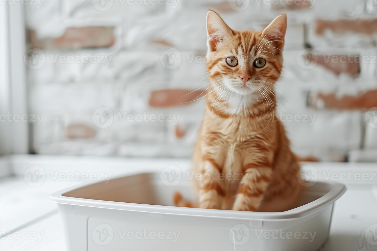 Playful ginger kitten in a white litter box in a modern home photo