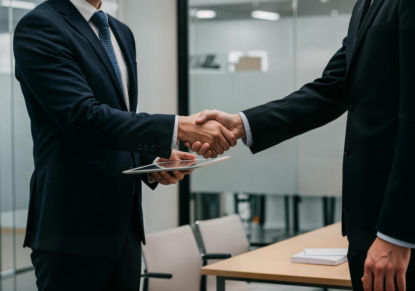 Two business men shaking hands in an office photo