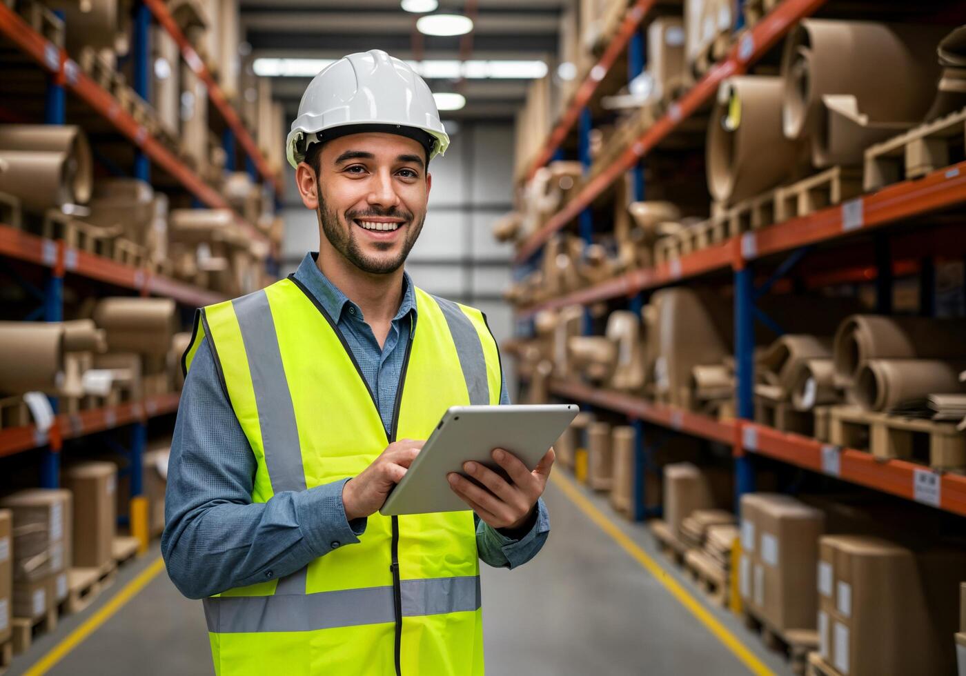A smiling warehouse worker holding a tablet computer photo