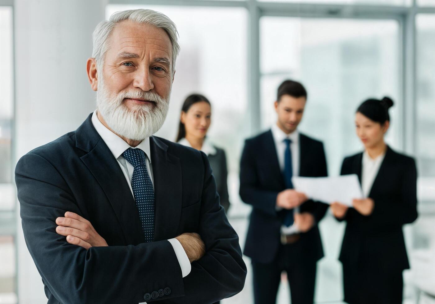 A man with a white beard and a suit standing in front of his team photo
