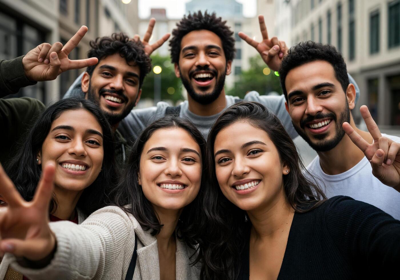 Group of young people making peace sign photo