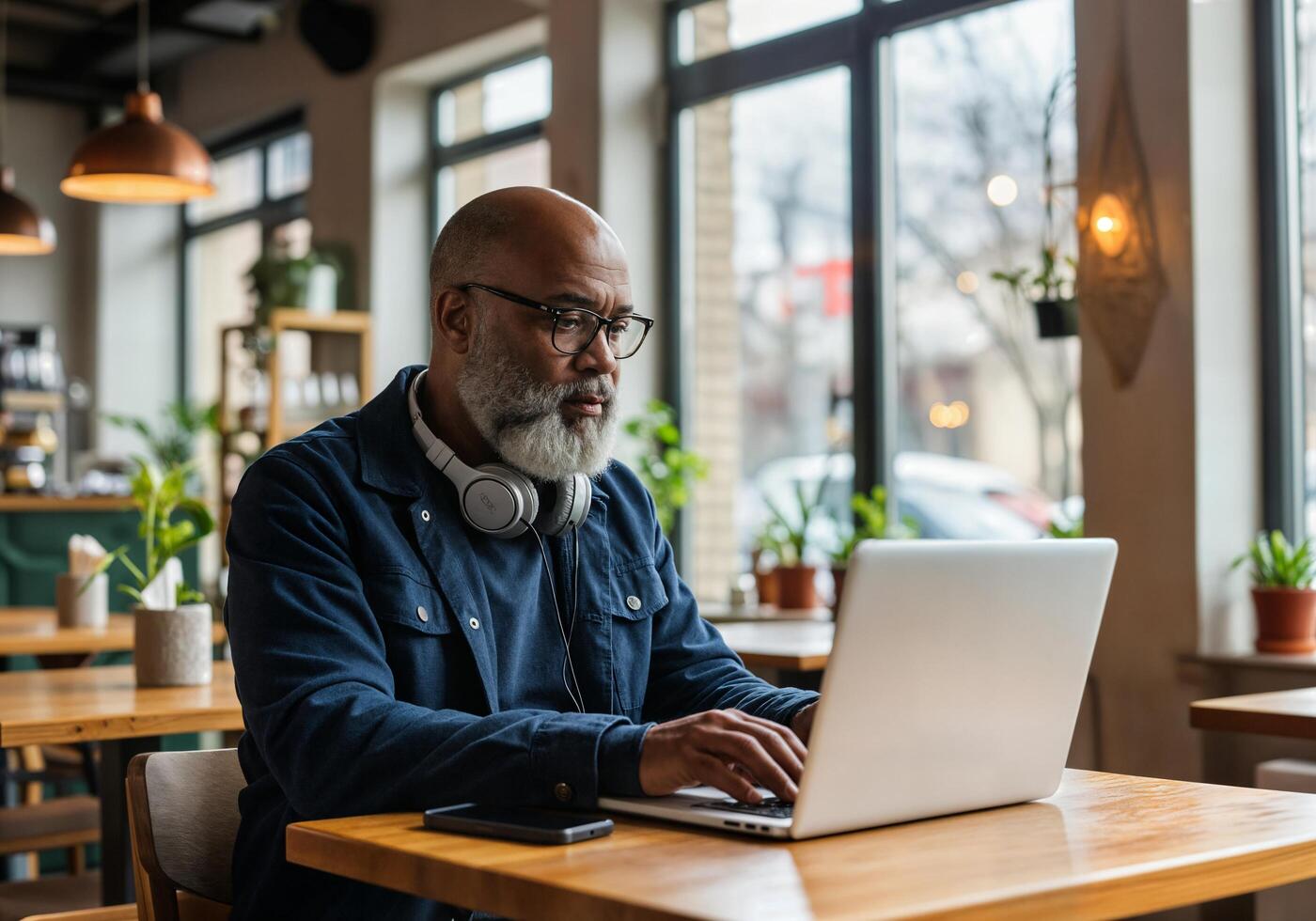 A man with a beard and headphones sitting at a table with a laptop photo