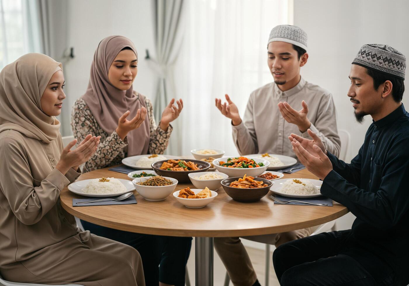 Muslim family sitting at table with food and prayer photo