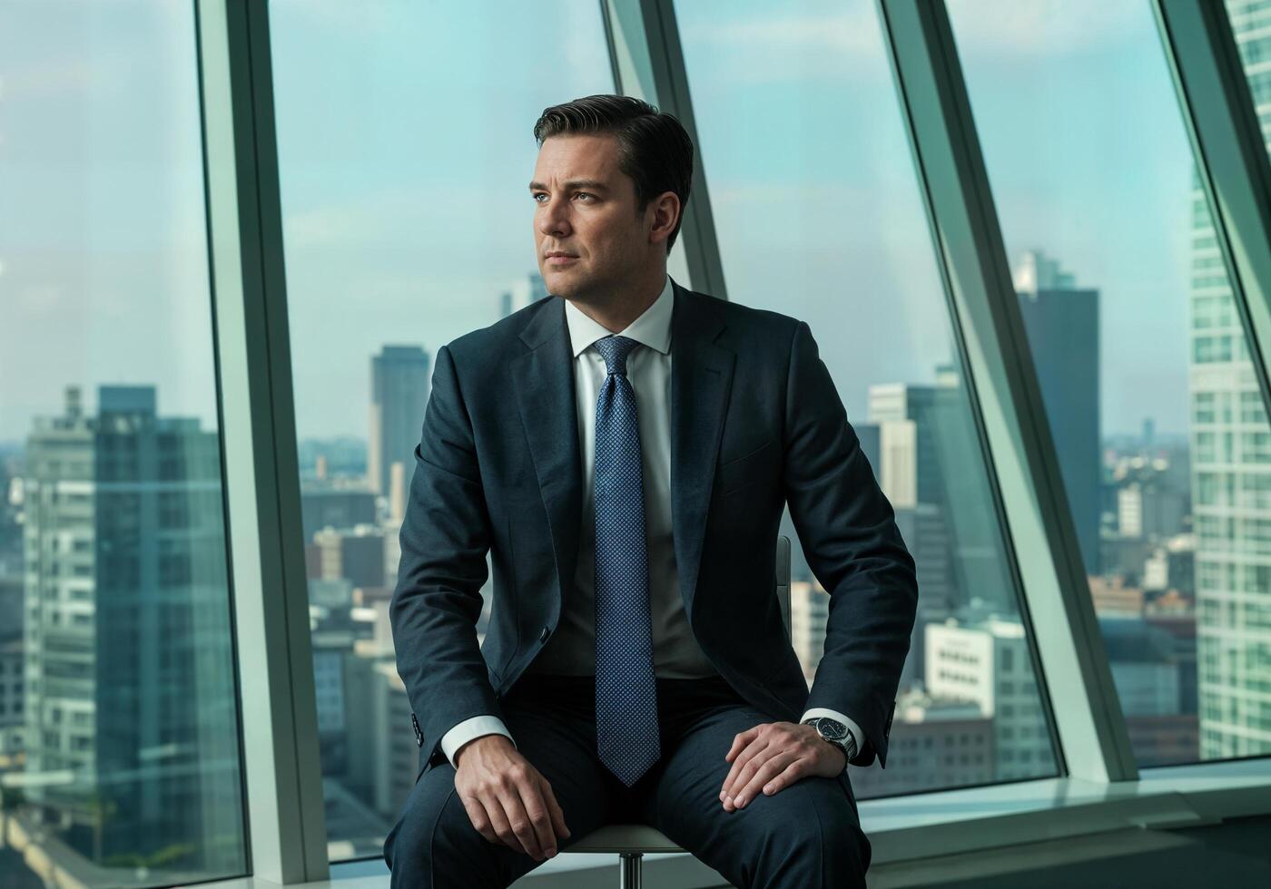 A man in a suit and tie sitting on a window ledge photo