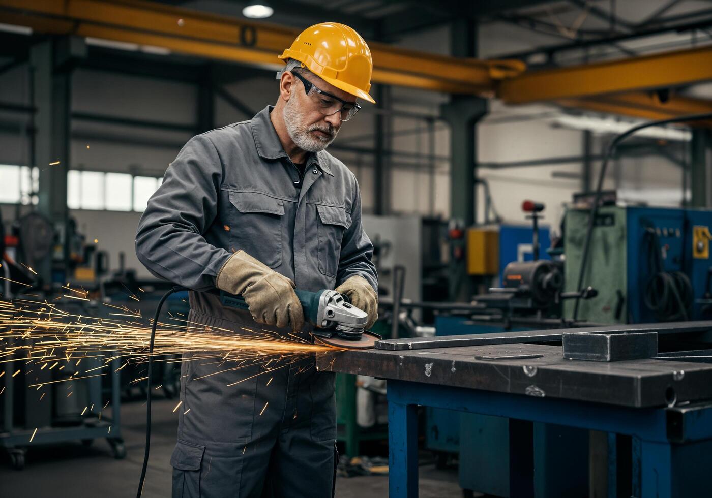 An older man in a factory using a grinder photo
