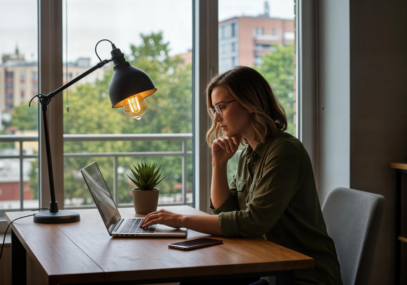 A woman sitting at a desk with a laptop photo
