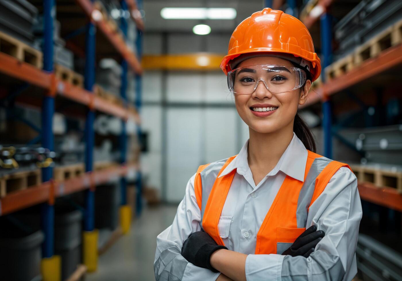 A woman in an orange hard hat and safety glasses standing in a warehouse photo