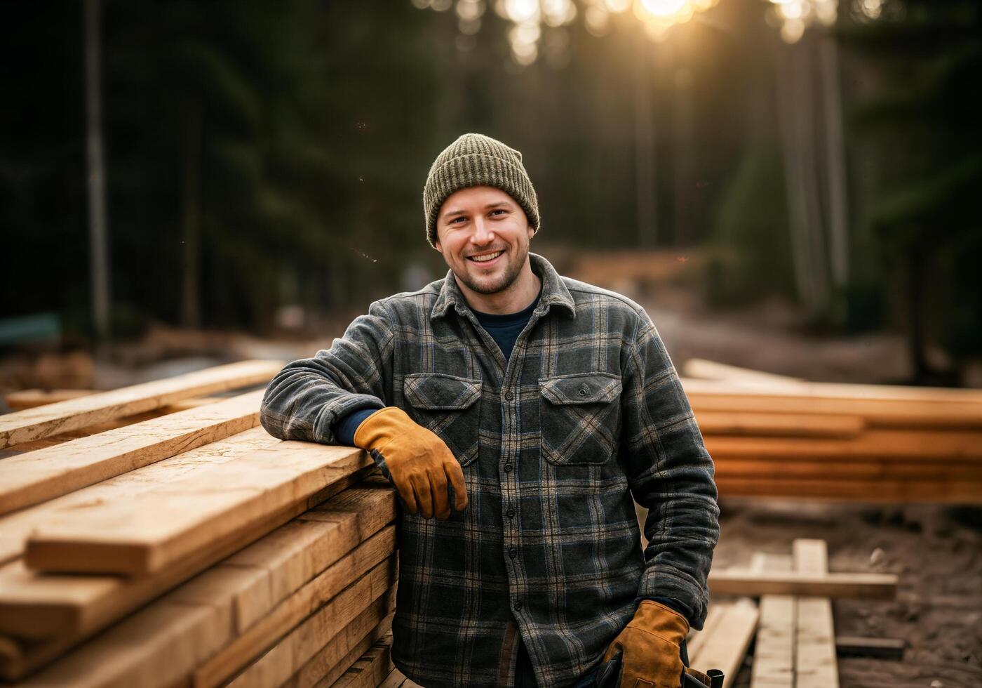 A smiling man standing next to a pile of lumber photo