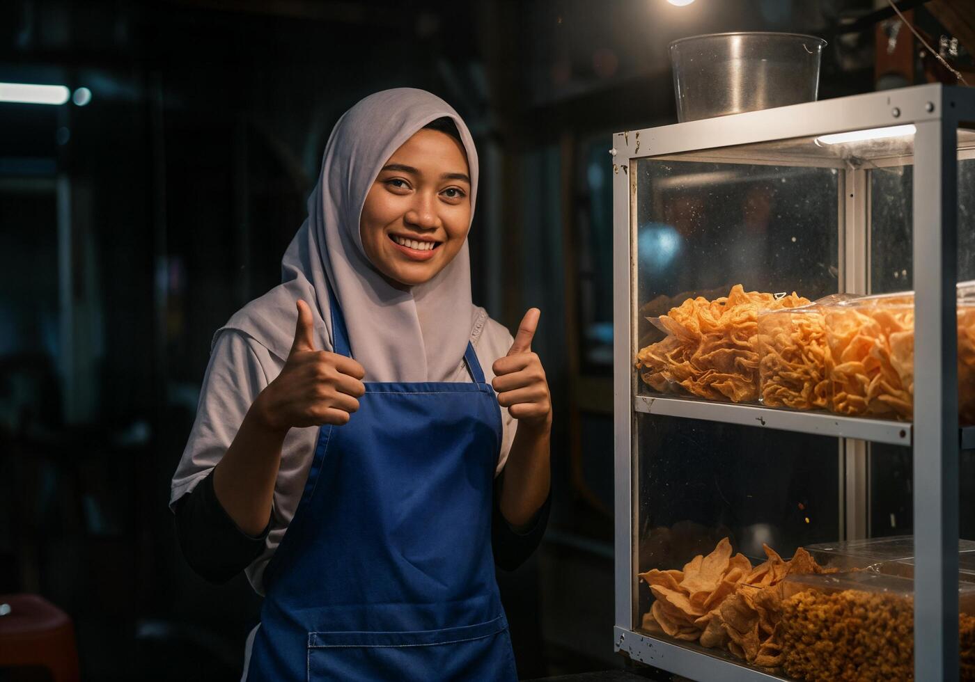 A woman in an apron holding a bag of chips photo