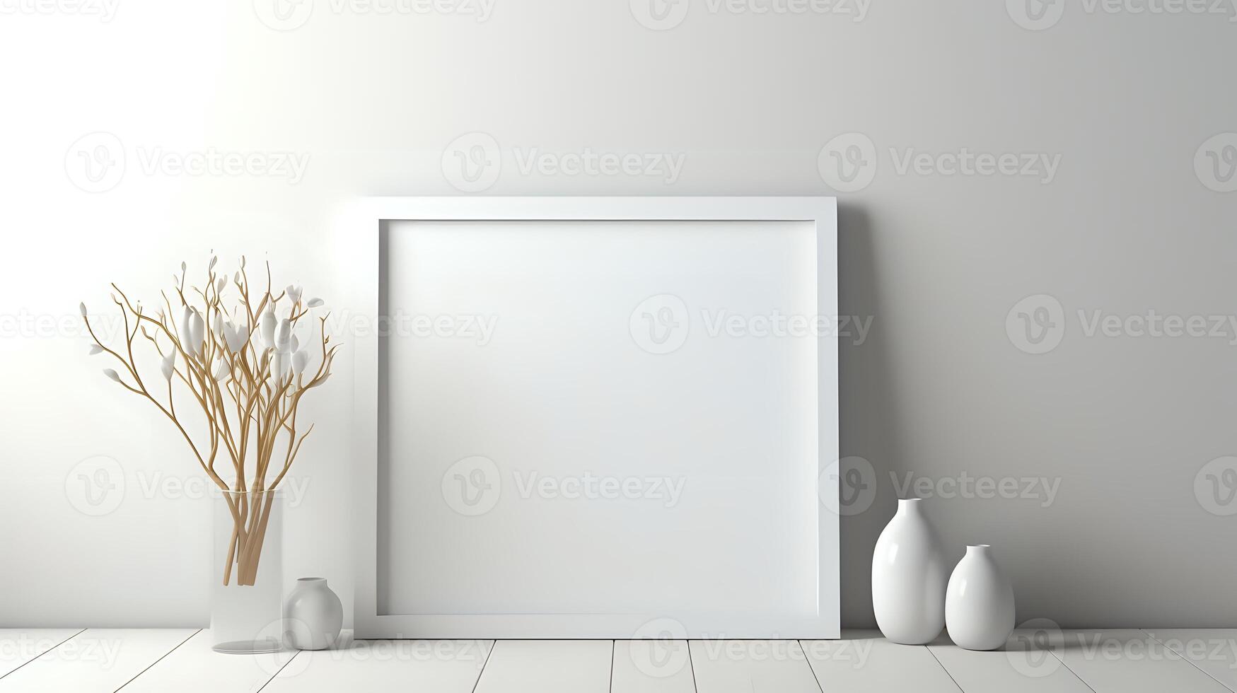 White picture frame and white vases on a white table against a w photo