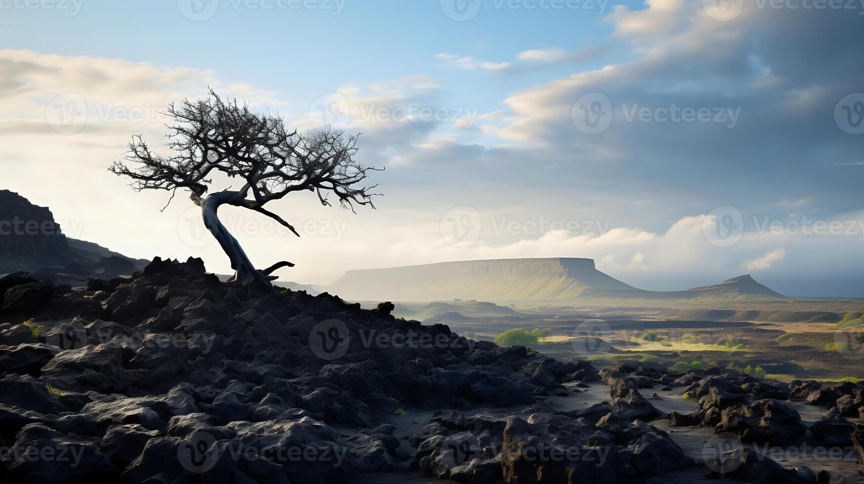 Volcanic Landscape with Tree Silhouette in Distance photo