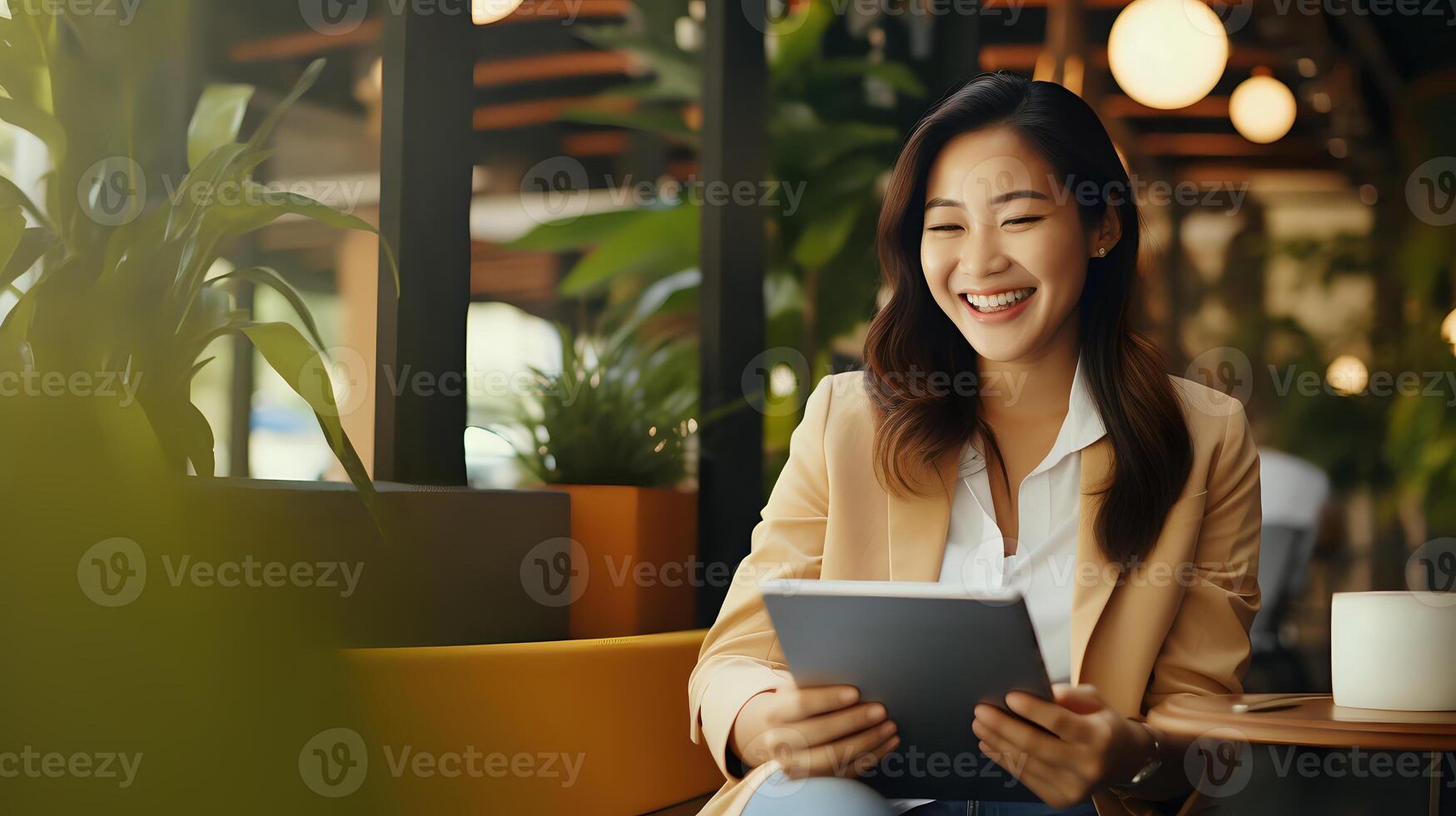 Beautiful Asian woman smiling while using a tablet photo