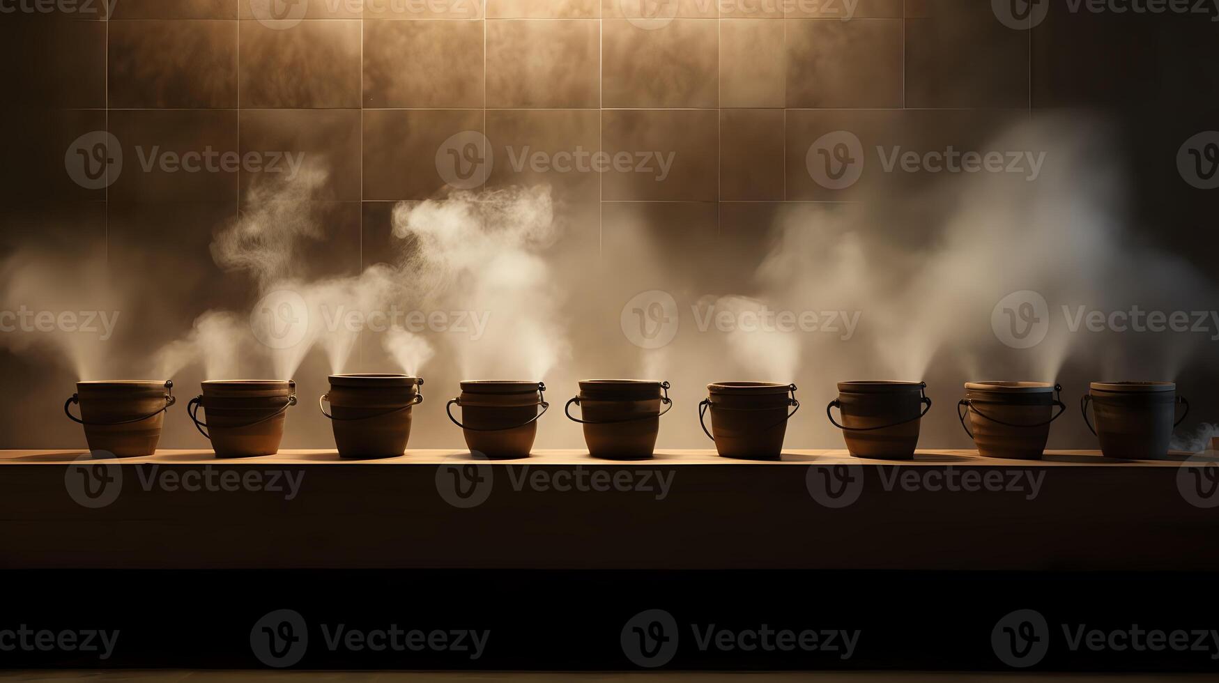 A row of wooden buckets with steam coming out of them photo