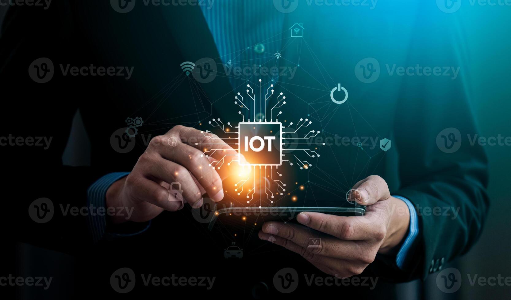 Businessman Using Digital Tablet with IoT Icon and Connected Network Symbols Representing Internet of Things Technology, Innovation, and Smart Device Integration, Digital Connectivity photo