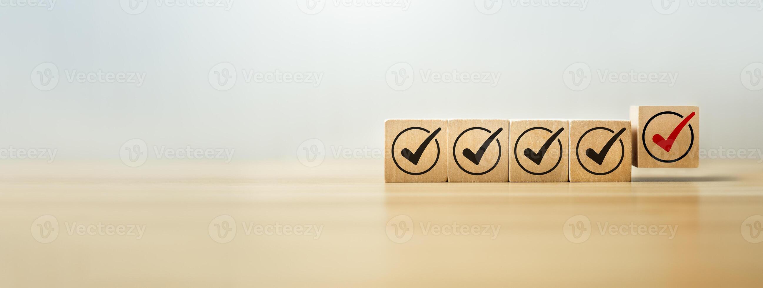Row of Wooden Blocks with Check Marks, Representing Selection, Quality Control, or Decision-Making Concept, approval, or a completed task, making checklist, quality control photo