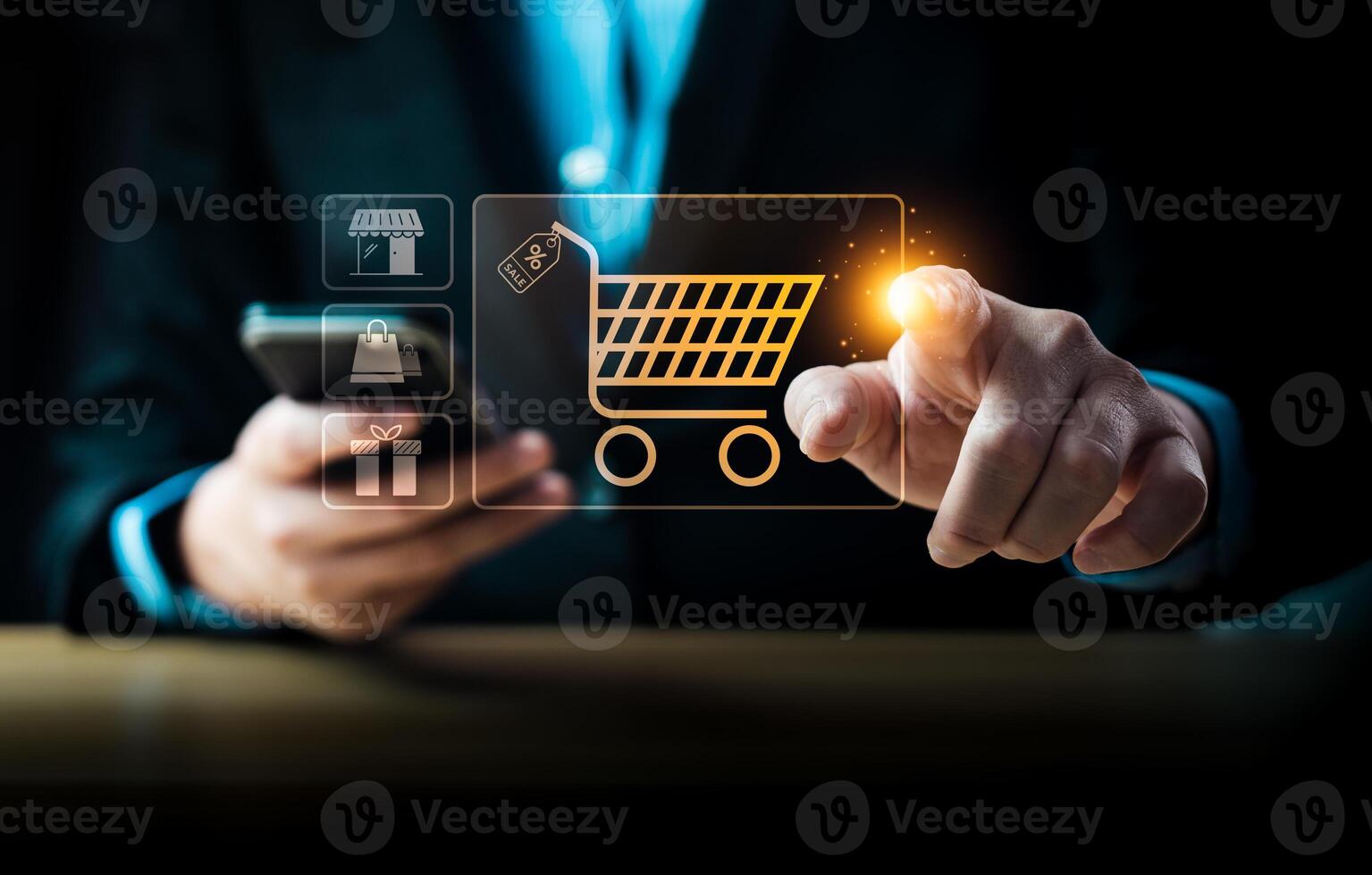 Businessman using smartphone and touching virtual shopping cart icon, representing e-commerce, online shopping, digital retail, mobile payment, consumer purchasing behavior, business technology photo