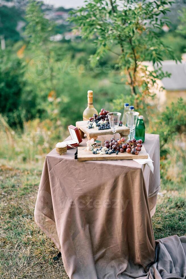 Festive table with fruits on plates and bottles of drinks stands in a clearing photo