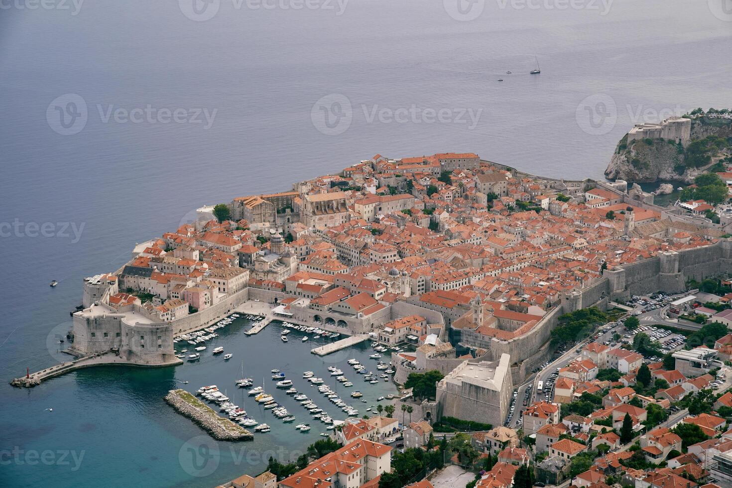 Marina with moored yachts in the port of Dubrovnik. Croatia. Drone photo
