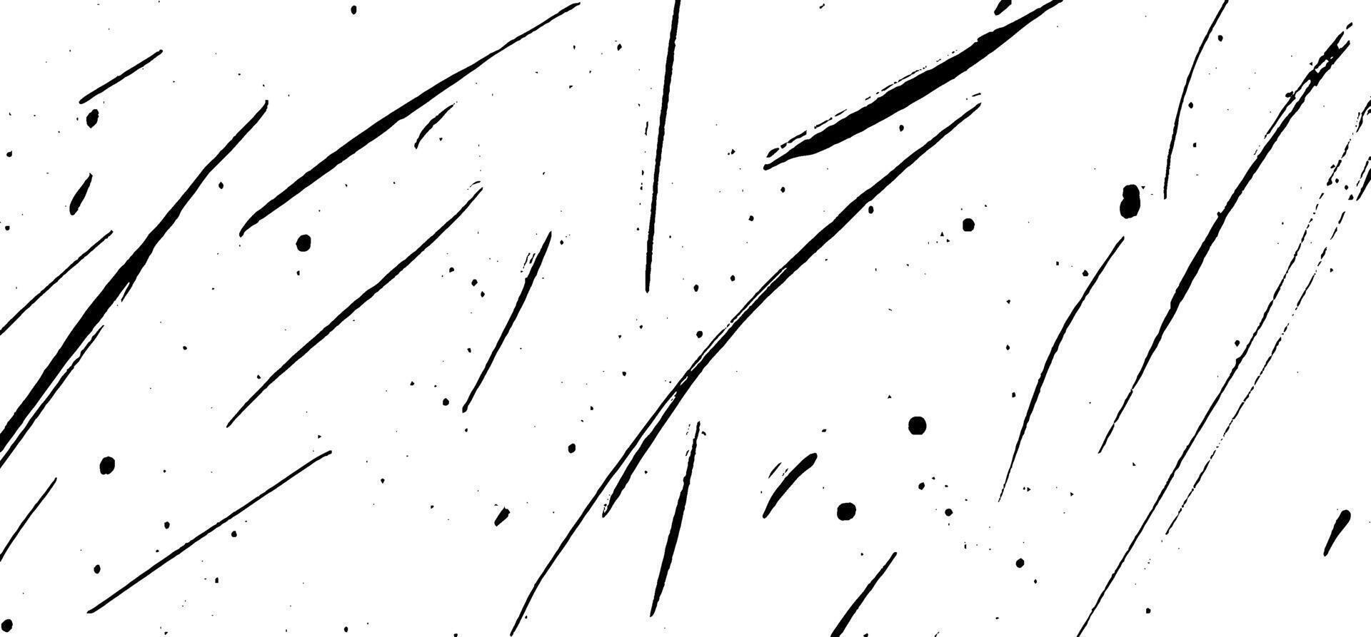 Abstract black and white texture with dynamic brush strokes and splatters on a white background. vector