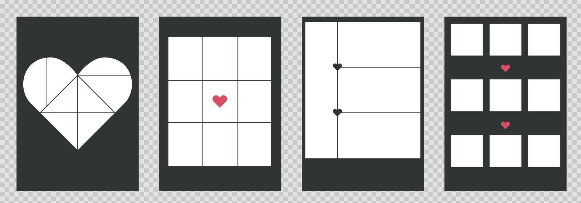 Set of collage posters templates for photos. designs with hearts elements and grid for pictures. Simple trendy geometric design. vector