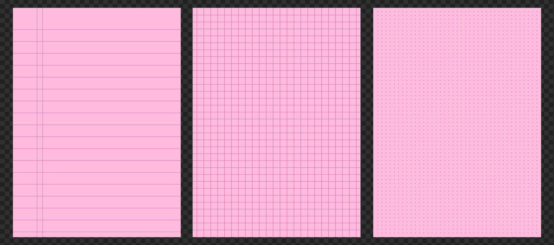 Set of notebook pages with lined and grid patterns. background featuring pink and blue notepaper sheets for school or office use. Blank memo, diary, and drafting templates. vector