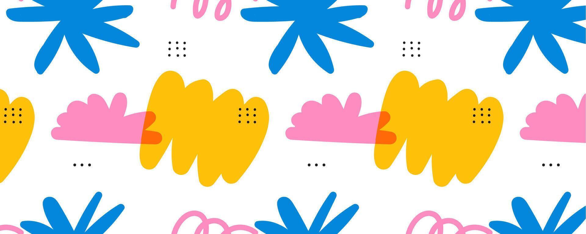 trendy children pattern with organic blob shapes and natural objects. Bright colors with an overlay. Drawing with marker or riso print. Vecto illustration in pink and blue and yellow and white colors vector