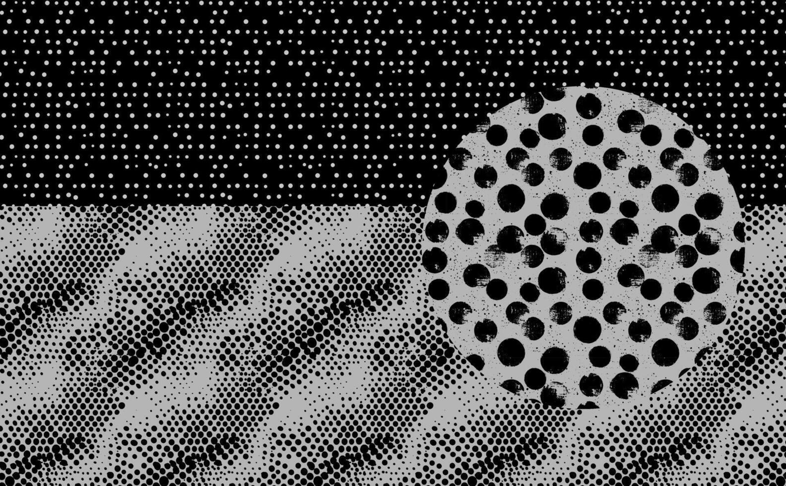 Retro halftone background with graphic dotted circle pattern. Vintage comic style design featuring grainy gradient and geometric grid. Black and white overlay with subtle noise, gritty texture. vector