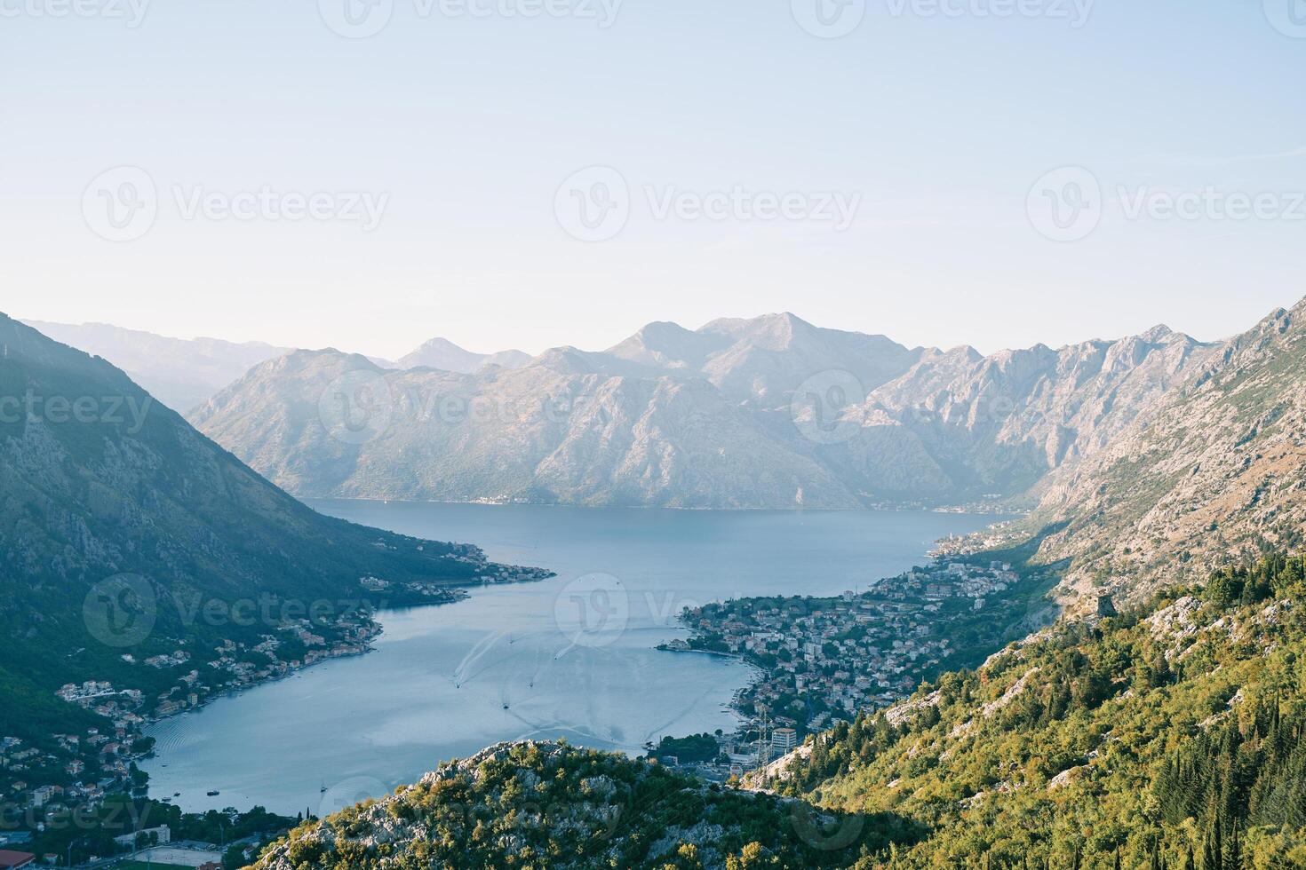Bay of Kotor is surrounded by a high mountain range. Montenegro. Drone photo